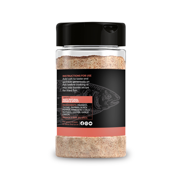 A digital image of the back of Great Northern Larder Fish dry spice seasoning. There is an image of a fish on the label behind the instructions for use.