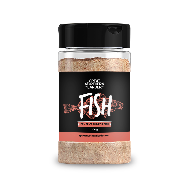 A digital representation of Great Northern Larder Fish dry spice rub that can be used for BBQ or frying. The image is a 200g shaker tub.